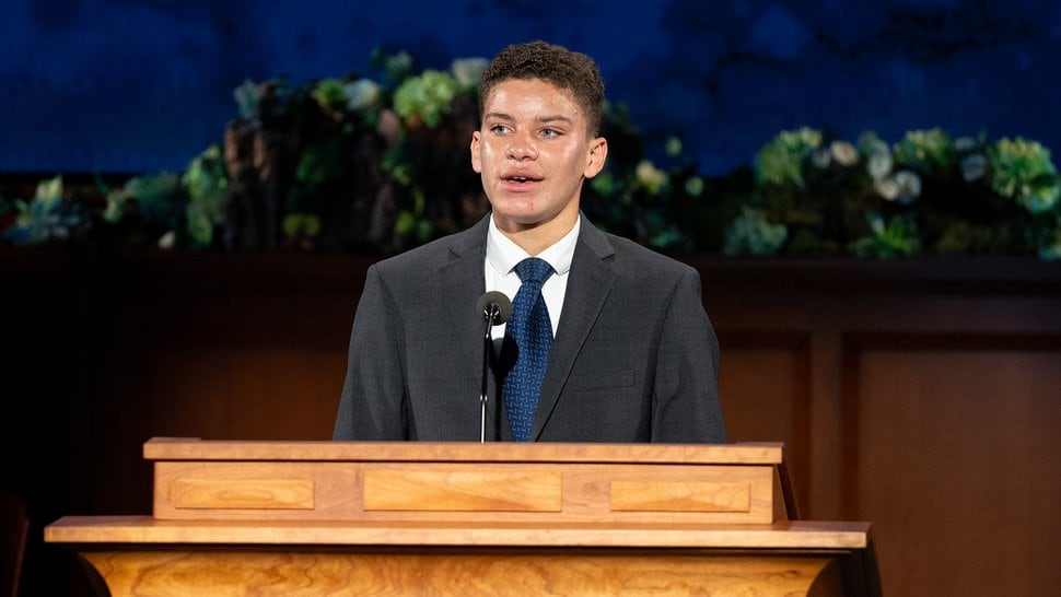 (Photo courtesy of The Church of Jesus Christ of Latter-day Saints) Enzo Serge Petelo, 15, of Provo, speaks at conference April 4, 2020.