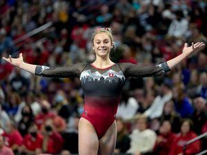 (Francisco Kjolseth | The Salt Lake Tribune) Utah’s Grace McCallum begins her floor routine at the Best of Utah NCAA Gymnastics Meet at the Maverik Center in West Valley City on Friday, Jan. 7, 2022.