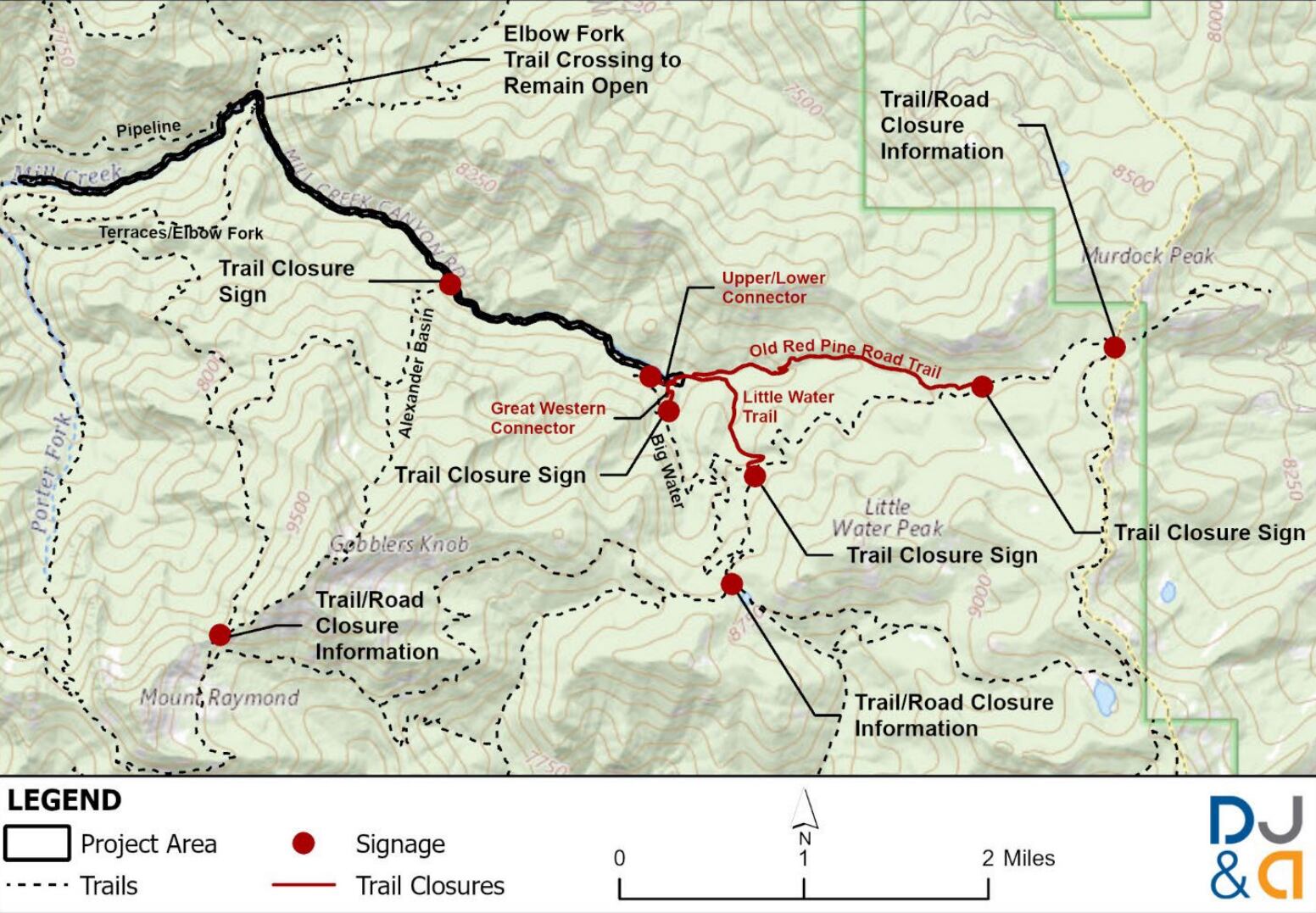 (Federal Highway Administration) A map from the environmental assessment shows where trails would be closed to public access if the proposal to widen parts of Mill Creek Canyon Road move forward.
