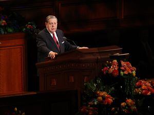 (The Church of Jesus Christ of Latter-day Saints) Apostle Jeffrey R. Holland speaks at General Conference on Sunday, Oct. 2, 2022. Thousands have signed an online petition opposing his scheduled appearance at Southern Utah University's commencement in April.