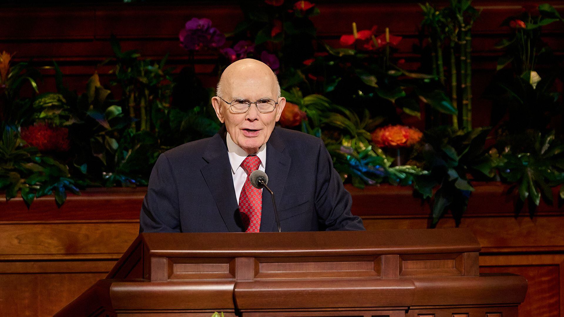 (The Church of Jesus Christ of Latter-day Saints) President Dallin H. Oaks speaks at General Conference on Sunday, April 7, 2024.