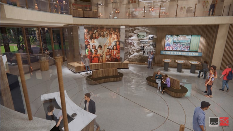 (Brigham Young University-Hawaii) A rendering of a draft design of BYU-Hawaii's future welcome center. Depicted on the right is a display of preserved portions of the historic mosaic.