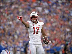 (Phelan M. Ebenhack | AP) Utah wide receiver Devaughn Vele (17) reacts after catching a pass for a first down during the first half of an NCAA college football game against Florida, Saturday, Sept. 3, 2022, in Gainesville, Fla.