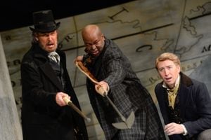 (Francisco Kjolseth  |  The Salt Lake Tribune)  Cast of Utah Opera's "Moby-Dick," Roger Honeywell as Captain Ahab, Musa Ngqungwana as Queequeg and Joshua Dennis as Greenhorn, the narrator, who, unlike in the novel, doesn't ask us to call him Ishmael until the very end of the opera, come together on the large set.