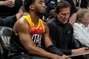 (Leah Hogsten | The Salt Lake Tribune)  Utah Jazz guard Donovan Mitchell (45) and Utah Jazz head coach Quin Snyder during Game 6 of the 2022 NBA first-round playoff series against the Dallas Mavericks, Saturday, April 23, 2022, in Salt Lake City.