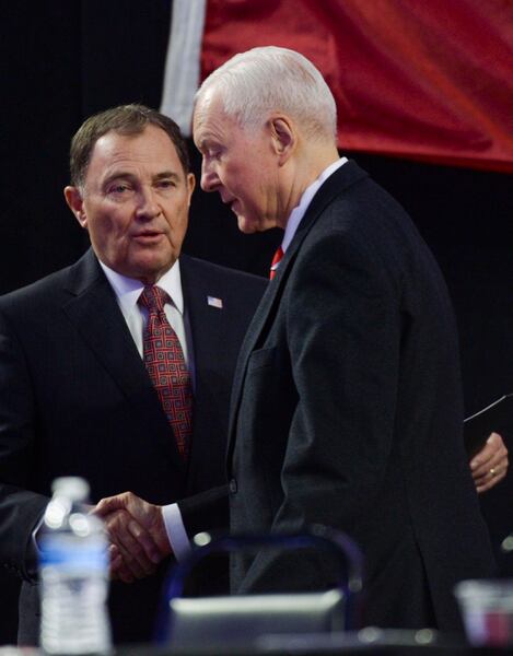 (Leah Hogsten | The Salt Lake Tribune) Governor Gary Herbert welcomes retiring Senator Orrin Hatch at the Utah Republican Nominating Convention Saturday, April 21, 2018 at the Maverik Center. 