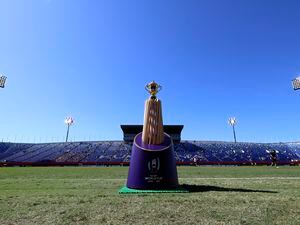 (Eugene Hoshiko | AP) The Webb Ellis Cup on display ahead of a 2019 Rugby World Cup game between Argentina and the United States in Kumagaya City, Japan, Wednesday, Oct. 9, 2019.