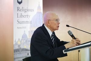(The Church of Jesus Christ of Latter-day Saints)
President Dallin H. Oaks, first counselor in the governing First Presidency of The Church of Jesus Christ of Latter-day Saints, delivers a keynote address at the Notre Dame Religious Liberty Summit in Rome on July 20, 2022.