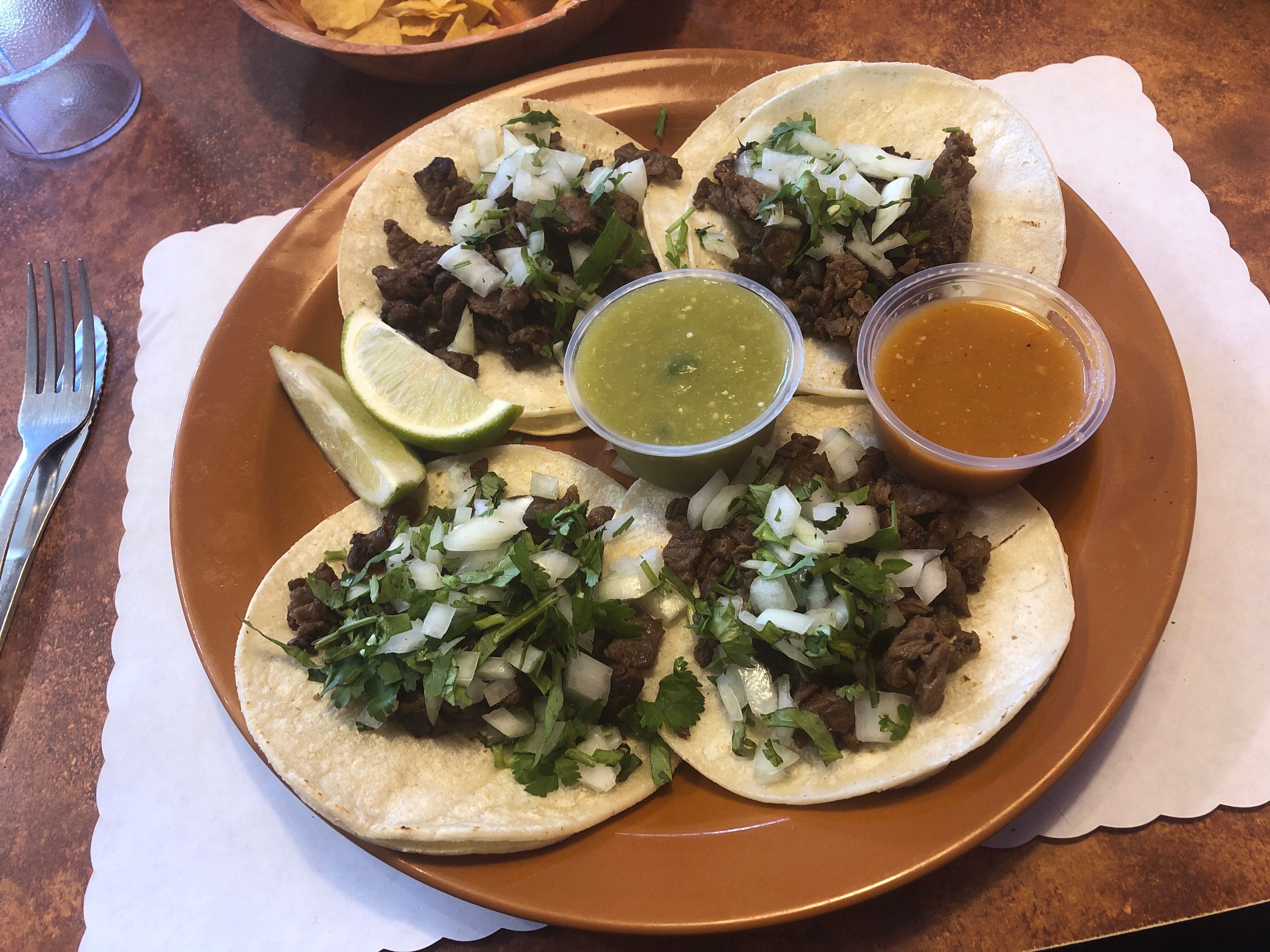 (Kolbie Peterson | The Salt Lake Tribune) Four asada tacos, photographed at Hacienda Mexican Restaurant on Jan. 30, 2024.
