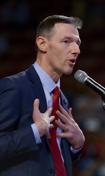 (Leah Hogsten | The Salt Lake Tribune) U. S. Senate candidate Mike Kennedy delivers his speech to the delegates at the Utah Republican Nominating Convention Saturday, April 21, 2018 at the Maverik Center. Kennedy and Mitt Romney will head to the primary. 