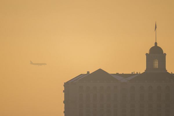 (Trent Nelson  |  The Salt Lake Tribune) A hazy view of the Grand America Hotel in Salt Lake City on Monday, Dec. 20, 2021. Haze is expected to build again this week.