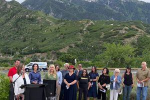 (Jacob Scholl | The Salt Lake Tribune) Salt Lake County Mayor Jenny Wilson voices her opposition to a proposed gondola through Little Cottonwood Canyon during an event on Wednesday, June 22, 2022, in Sandy.