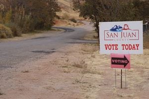 (Zak Podmore | The Salt Lake Tribune) A San Juan County sign identifying an early voting location in Bluff, Utah, on Oct. 23, 2019.