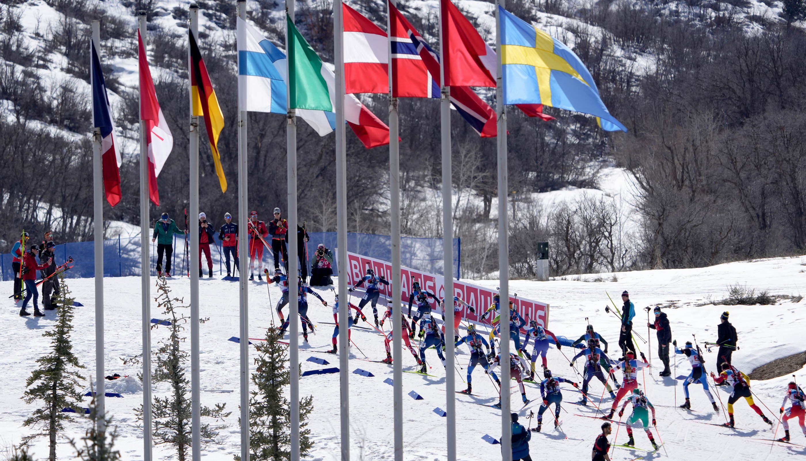 (Francisco Kjolseth  |  The Salt Lake Tribune) Men compete in the 4x7.5km Relay at the Soldier Hollow Nordic Center in Midway for the first day of competition of the BWW IBU World Cup Biathlon on Friday, March 8, 2024. This is the first year the International Ski Federation has implemented a full ban on fluorowaxes, which contain hazardous "forever chemicals," in all of its races.