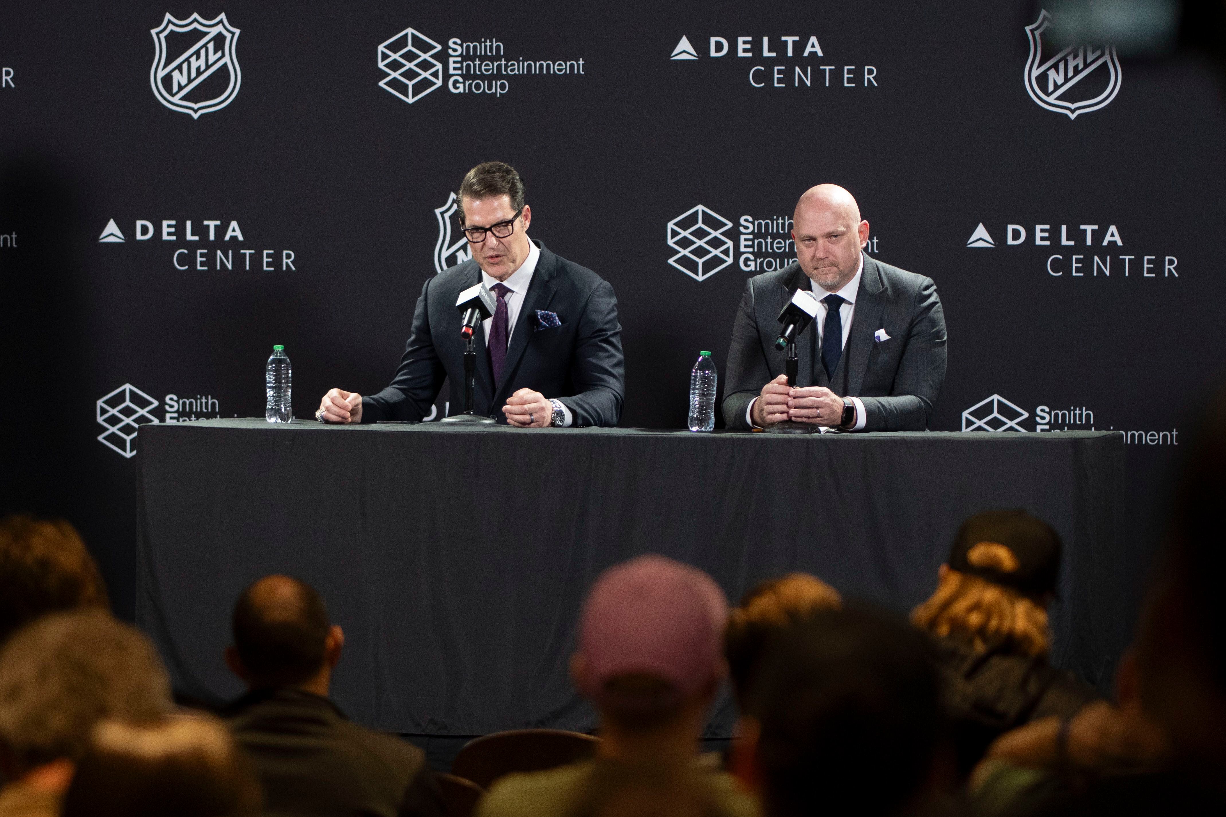 (Rick Egan | The Salt Lake Tribune)   General Manager Bill Armstrong and Coach Andr Tourigny answer questions during a news conference at the Delta Center, on Wednesday, April 24, 2024.
