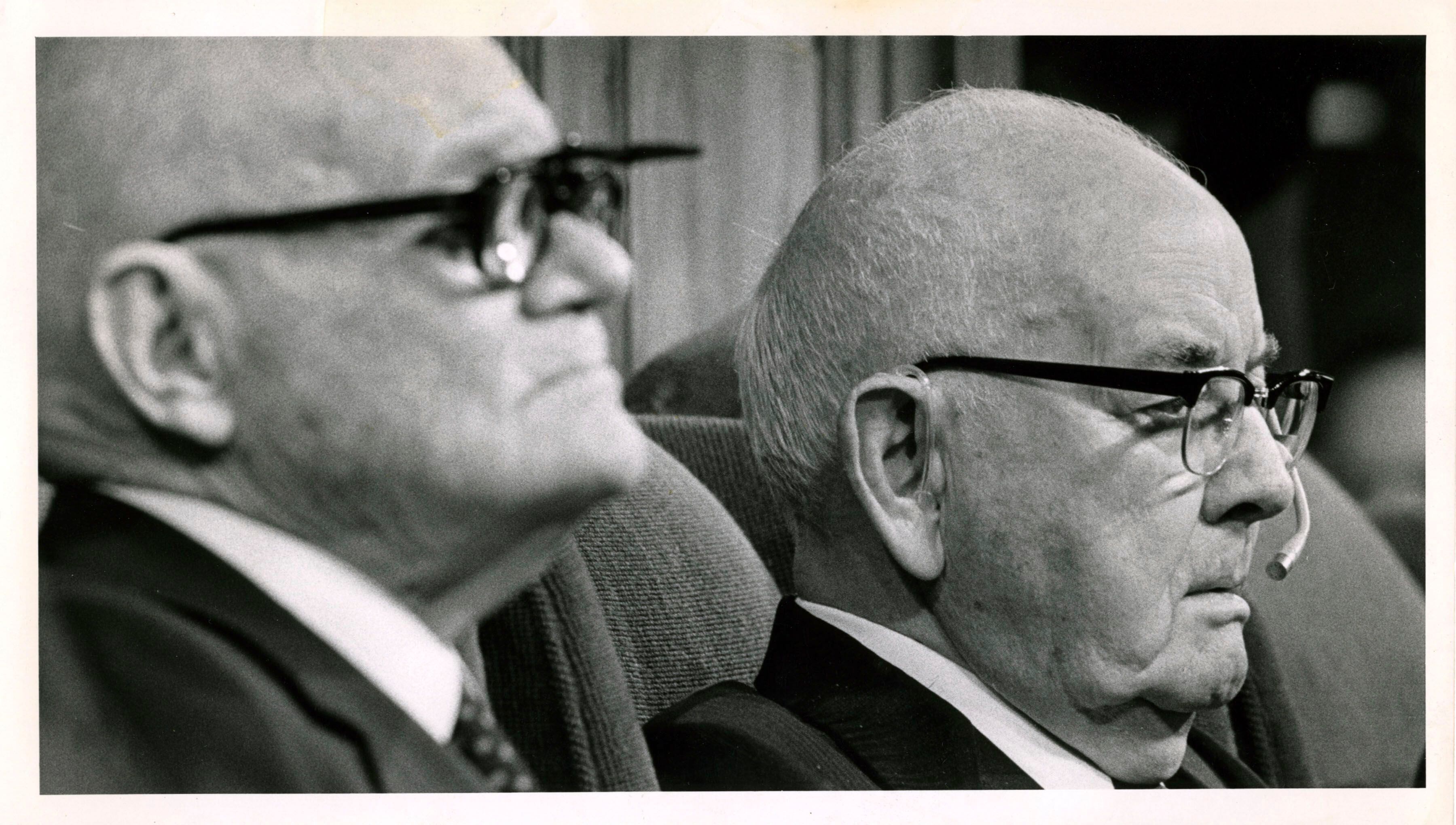 (Tribune file photo)
Spencer W. Kimball, right, president of The Church of Jesus Christ of Latter-day Saints, presides the October 1978 General Conference with one of his counselor, Marion G. Romney.