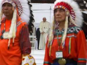 (AP Photo/Gregorio Borgia) Pope Francis arrives for a meeting with indigenous communities, including First Nations, Metis and Inuit, at Our Lady of Seven Sorrows Catholic Church in Maskwacis, near Edmonton, Canada, Monday, July 25, 2022. Pope Francis begins a "penitential" visit to Canada to beg forgiveness from survivors of the country's residential schools, where Catholic missionaries contributed to the "cultural genocide" of generations of Indigenous children by trying to stamp out their languages, cultures and traditions. Francis set to visit the cemetery at the former residential school in Maskwacis.