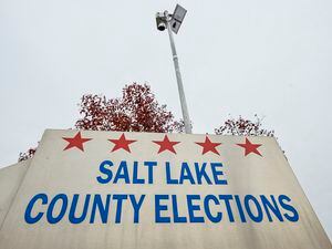 (Chris Samuels | The Salt Lake Tribune) An overhead camera monitors a ballot drop box at Taylorsville City Hall on Nov. 4. HB 313 required each unattended ballot drop box to be under 24-hour video surveillance.