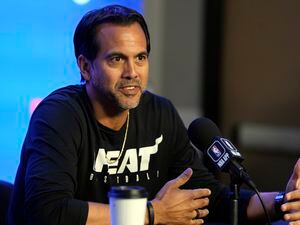 Miami Heat head coach Erik Spoelstra responds to a question during a news conference before as Game 1 of the NBA basketball finals against the Denver Nuggets Wednesday, May 31, 2023, in Denver. The Heat face the Denver Nuggets in Game 1 of the NBA Finals Thursday. (AP Photo/David Zalubowski)