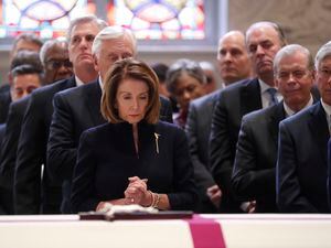 (Pablo Martinez Monsivais | AP) House Speaker Nancy Pelosi, attending a funeral service for former Rep. John Dingell, D-Mich., in 2019 at Holy Trinity Catholic Church in Washington. A Catholic archbishop has forbidden Pelosi from taking Communion because of her vocal support for abortion rights.