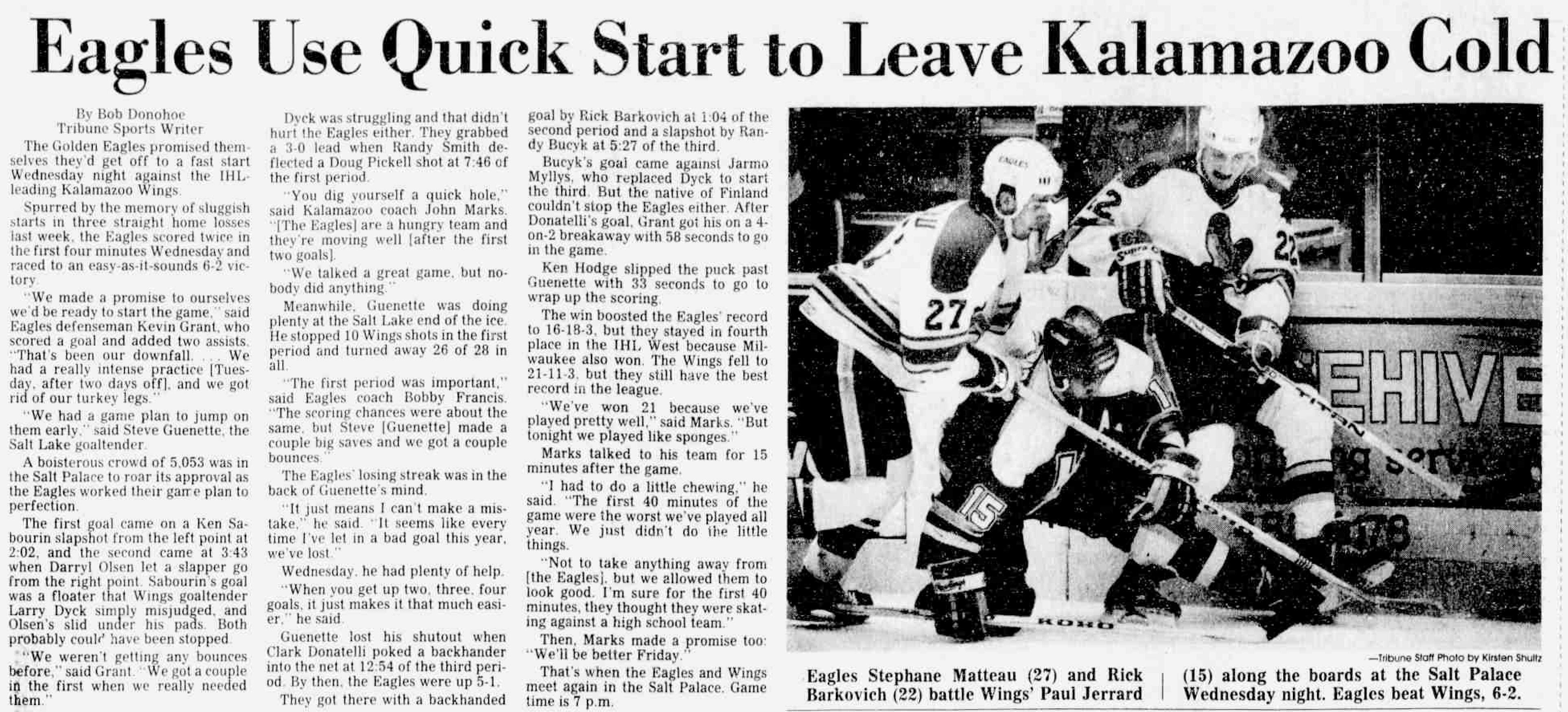 (The Salt Lake Tribune) A print page from Thursday, Dec. 28, 1989, shows an image and story from a Golden Eagles hockey game.