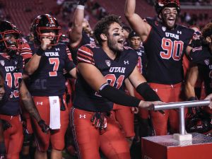 (Leah Hogsten | The Salt Lake Tribune)  The University of Utah celebrates their win over San Diego State at Rice-Eccles Stadium in Salt Lake City, Sept. 17, 2022. 