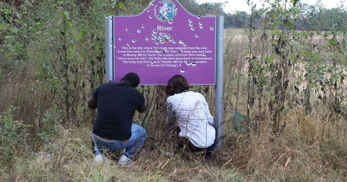 The spot where Emmett Till’s body was found is marked by this sign. People keep shooting it up.