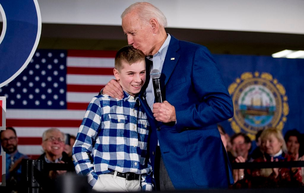 (Andrew Harnik | AP photo)

Democratic presidential candidate former Vice President Joe Biden kisses Brayden Harrington, 12, at a campaign stop at Gilford Community Church, Monday, Feb. 10, 2020, in Gilford, N.H. Biden and Harrington have spoken to each other about their stutter they have both struggled with.