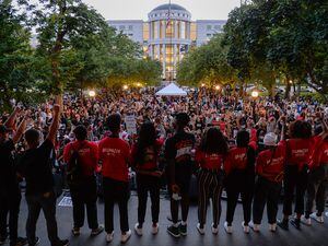 (Francisco Kjolseth  |  The Salt Lake Tribune) Young organizers from Juneteenth Utah and Solidarity for Justice thank those who attended the celebration at Washington Square in Salt Lake City on Friday, June 19, 2020.