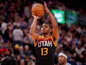 (Trent Nelson  |  The Salt Lake Tribune) Utah Jazz guard Jared Butler (13) as the Utah Jazz host the Los Angeles Clippers, NBA basketball in Salt Lake City on Friday, March 18, 2022.