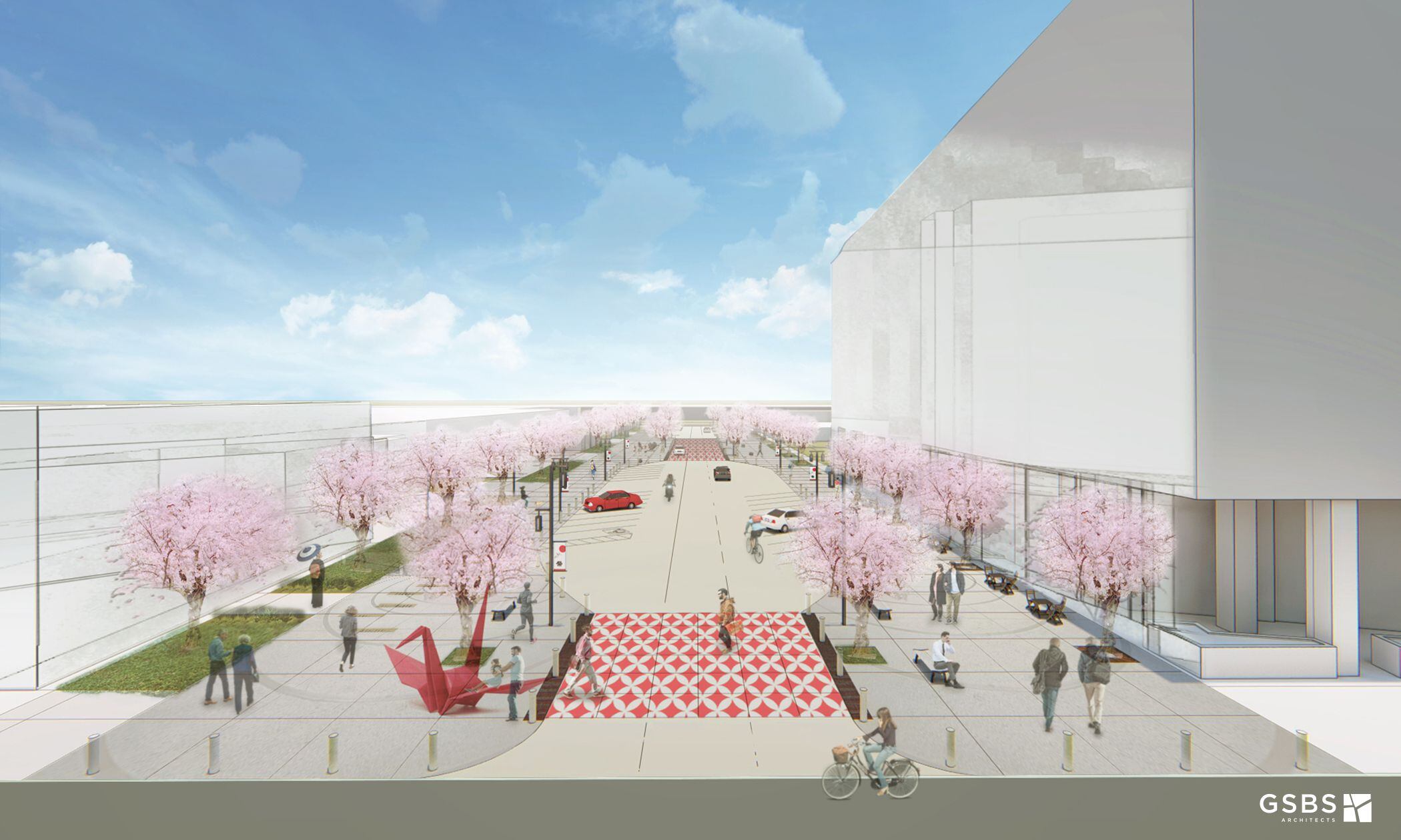 (GSBS Architects) Rendering of draft street designs and place-making elements proposed for Japantown in Salt Lake City. The one-block cultural hub is envisioned along downtown Salt Lake City’s 100 South between 200 and 300 West next to the Salt Palace, in honor of what was once a thriving neighborhood for Utah’s Japanese American residents.