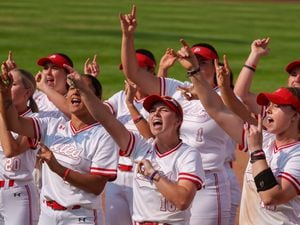 (Trent Nelson  |  The Salt Lake Tribune) Utah's softball team celebrates a win over Southern Illinois in the NCAA Tournament in Salt Lake City on Friday, May 19, 2023.