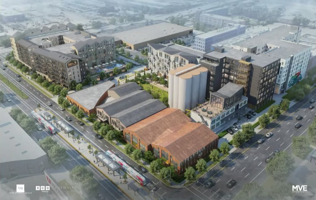 (MVE Architects, via Salt Lake City) An aerial rendering of The Silos, a new mixed-use development proposed on the Salt Lake City block between 500 South and 600 South from 400 West to 500 West.