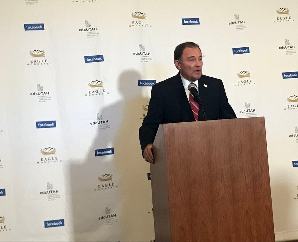 (Ben Wood | The Salt Lake Tribune) Governor Gary Herbert speaks in Eagle Mountain where it was announced that Facebook will open a data center.