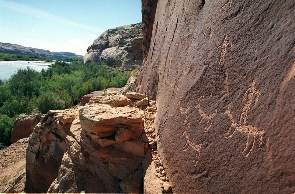 (Al Hartmann | The Salt Lake Tribune) Petroglyphs etched in stone along the San Juan River, the southern border of Bears Ears National Monument.
