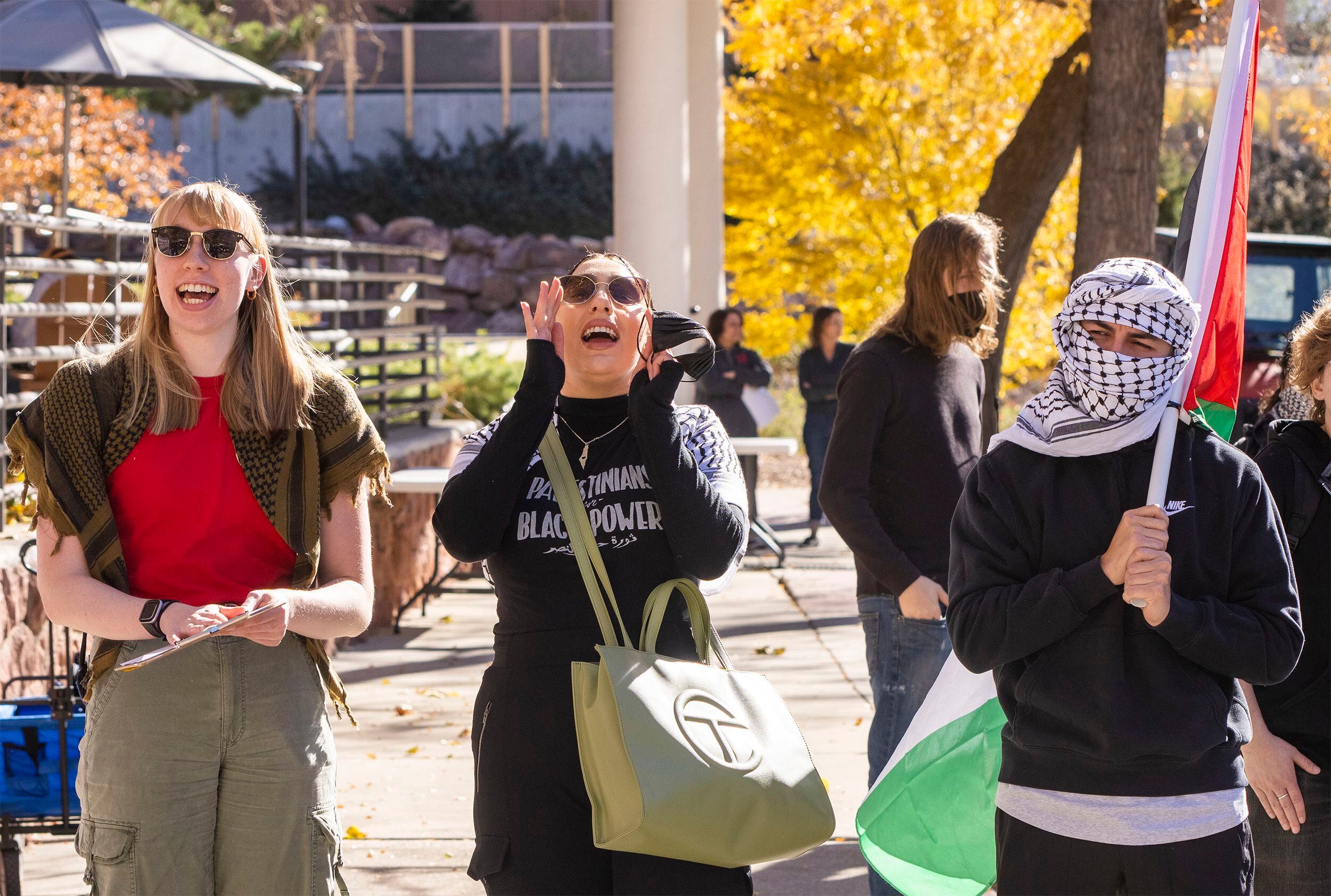 (Rick Egan | The Salt Lake Tribune) Supporters of Mecha cheer along with the speakers, during a protest on the University of Utah Campus, on Wednesday, Nov. 15, 2023.
