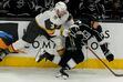 (Rick Bowmer | AP) Las Vegas Golden Knights defenseman Brayden McNabb (3) and Los Angeles Kings right wing Arthur Kaliyev (34) battle for the puck during the first period of an NHL preseason hockey game Thursday, Oct. 6, 2022, in Salt Lake City.