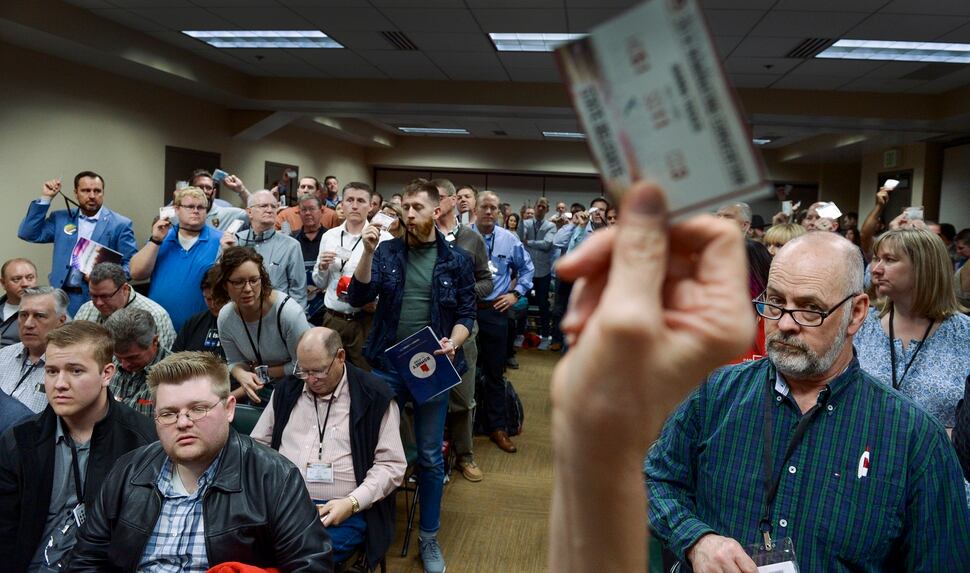 (Leah Hogsten | The Salt Lake Tribune) Delegates in Senate District 11 are recounted after all of the 134 delegates cast their ballots and 135 ballots were tallied at the Utah Republican Nominating Convention Saturday, April 21, 2018 at the Maverik Center. Later, two ballots were found to have been stuck together.