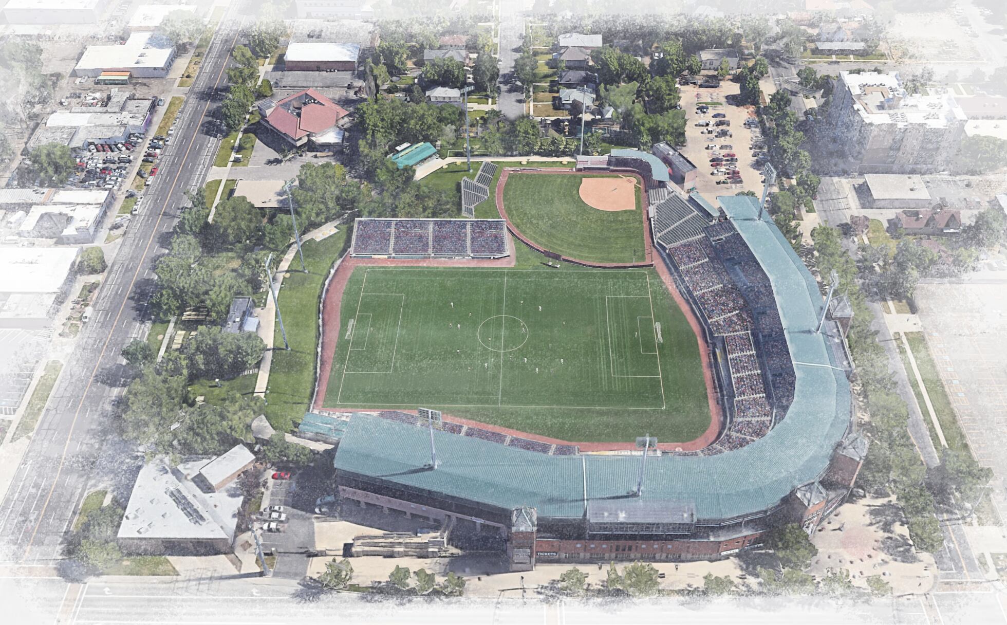(Image courtesy Angela Dean, AMD Architecture) • This artist rendering shows a proposal from a group of Salt Lake City residents to re-shape Smith's Ballpark a multi-purpose hub for women's football, soccer, rugby, softball and ultimate frisbee.