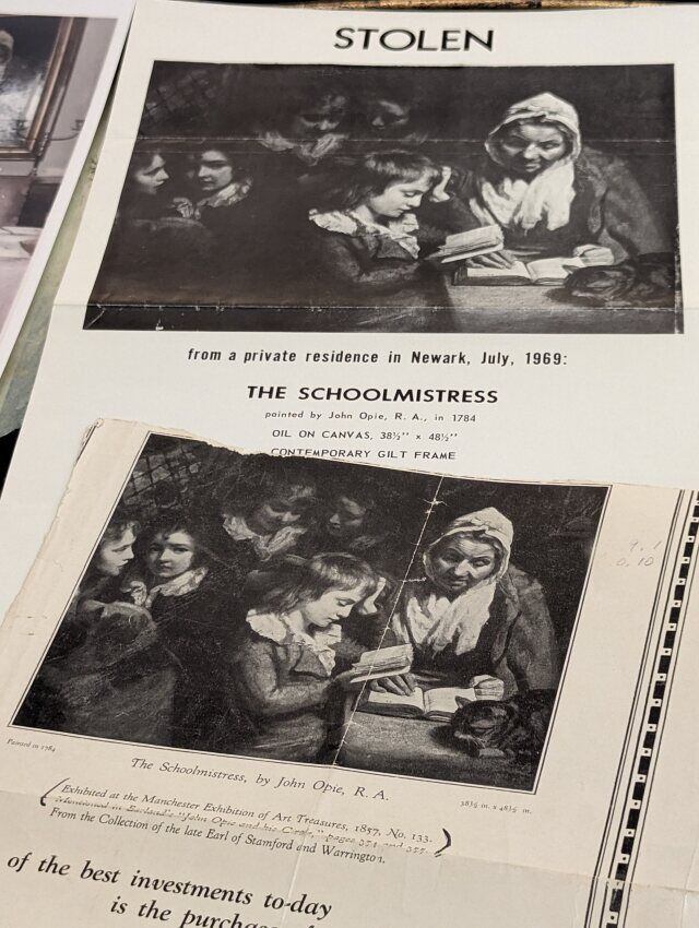 (FBI) Copy of a historical flyer that shows the John Opie painting, "The Schoolmistress", and lists a reward for its recovery.