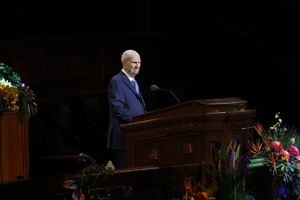 (The Church of Jesus Christ of Latter-day Saints)
President Russell M. Nelson speaks to young adults in the Conference Center on Sunday, May 15, 2022