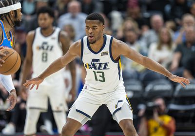 (Rick Egan | The Salt Lake Tribune) Utah guard Jared Butler (13) plays defense for the Jazz, in NBA action between the Utah Jazz and the Oklahoma City Thunder at Vivint Arena, on Wednesday, April 6, 2022.