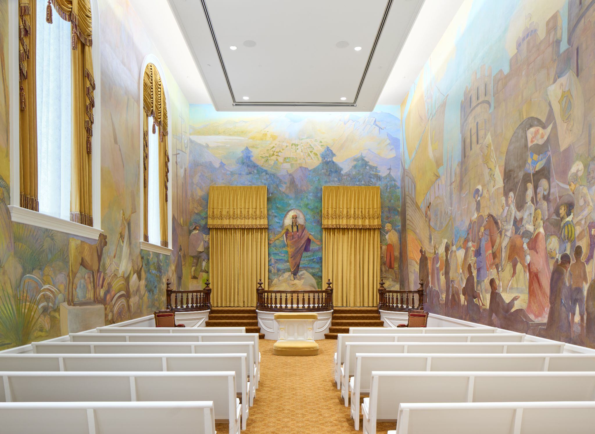(The Church of Jesus Christ of Latter-day Saints) Ordinance room in the Manti Temple displays the brightened Minerva Teichert murals.