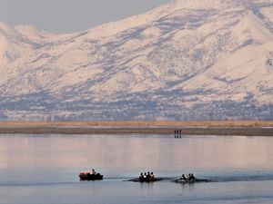 (Leah Hogsten | The Salt Lake Tribune) Rowers work out on the Great Salt Lake on Thursday, April 6, 2023.