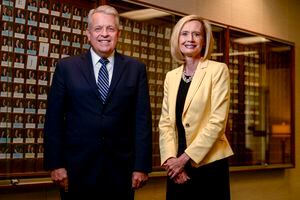 (Leah Hogsten | The Salt Lake Tribune) Sister Bonnie H. Cordon, general president of the Young Women Presidency, and Elder Brent Nielson, a general authority with The Church of Jesus Christ of Latter-day Saints, stand in front of a directory of mission presidents at the Church Office Building on August 24, 2018. Nielson is the director of the missionary department and is spearheading changes to mission safety, particularly for sister missionaries. Cordon is a member of the Sister Safety Committee, which he Nielson formed in late 2016.