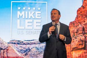 (Rick Egan | The Salt Lake Tribune) Sen. Mike Lee makes a few comments early in the evening at his election party in South Jordan on Tuesday.