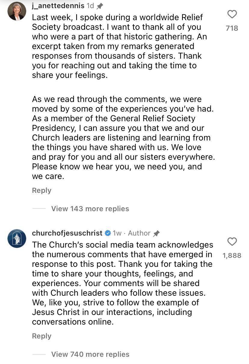 (Screenshot) Latter-day Saint Relief Society leader J. Anette Dennis responds on Instagram to those who commented on her "priesthood power" sermon.