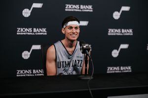 (Utah Jazz) Former BYU star Alex Barcello works out for the Utah Jazz on June 7, 2022, ahead of the NBA Draft.