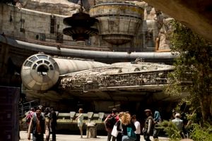 (Jeremy Harmon  |  The Salt Lake Tribune) The Millennium Falcon is docked at Black Spire Outpost at Star Wars: Galaxy's Edge in Anaheim, Ca. on Wednesday, May 29, 2019.