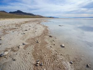 (Trent Nelson  |  The Salt Lake Tribune) The shore of the Great Salt Lake on Stansbury Island on Saturday, March 26, 2022. The lake could shrink another 2 feet, hitting a record low for a second consecutive year, due to Utah's persistent drought.
